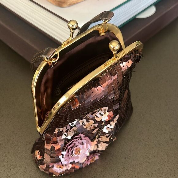 BRACCIALINI Vintage Brown Sequins Beads Small Bag Hangbag Made In Italy. - Picture 6 of 9